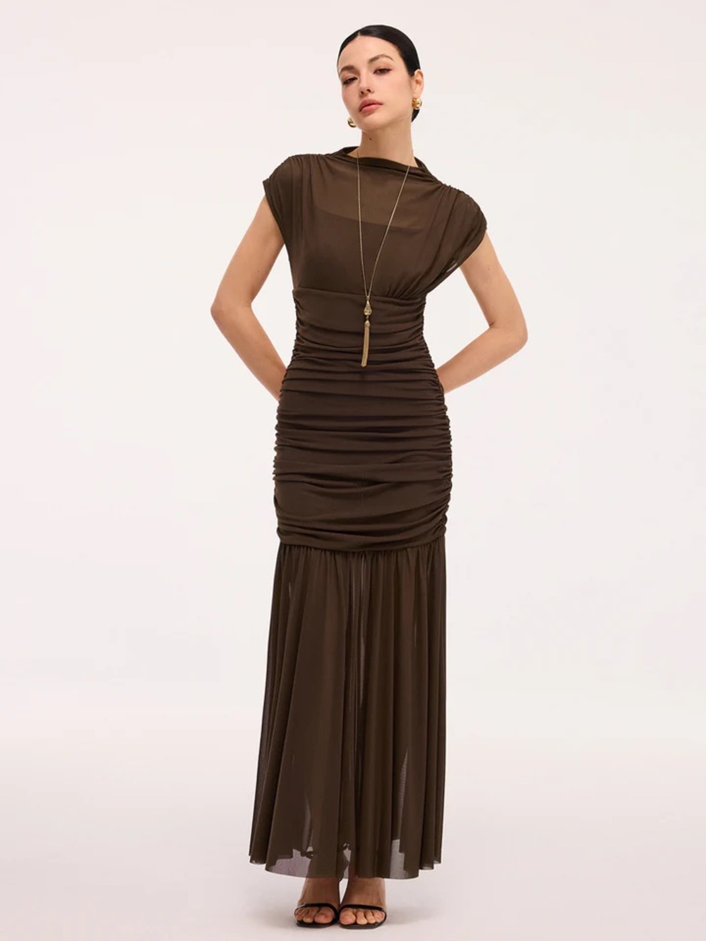 NWOT Elegant Brown Ruched Maxi Dress